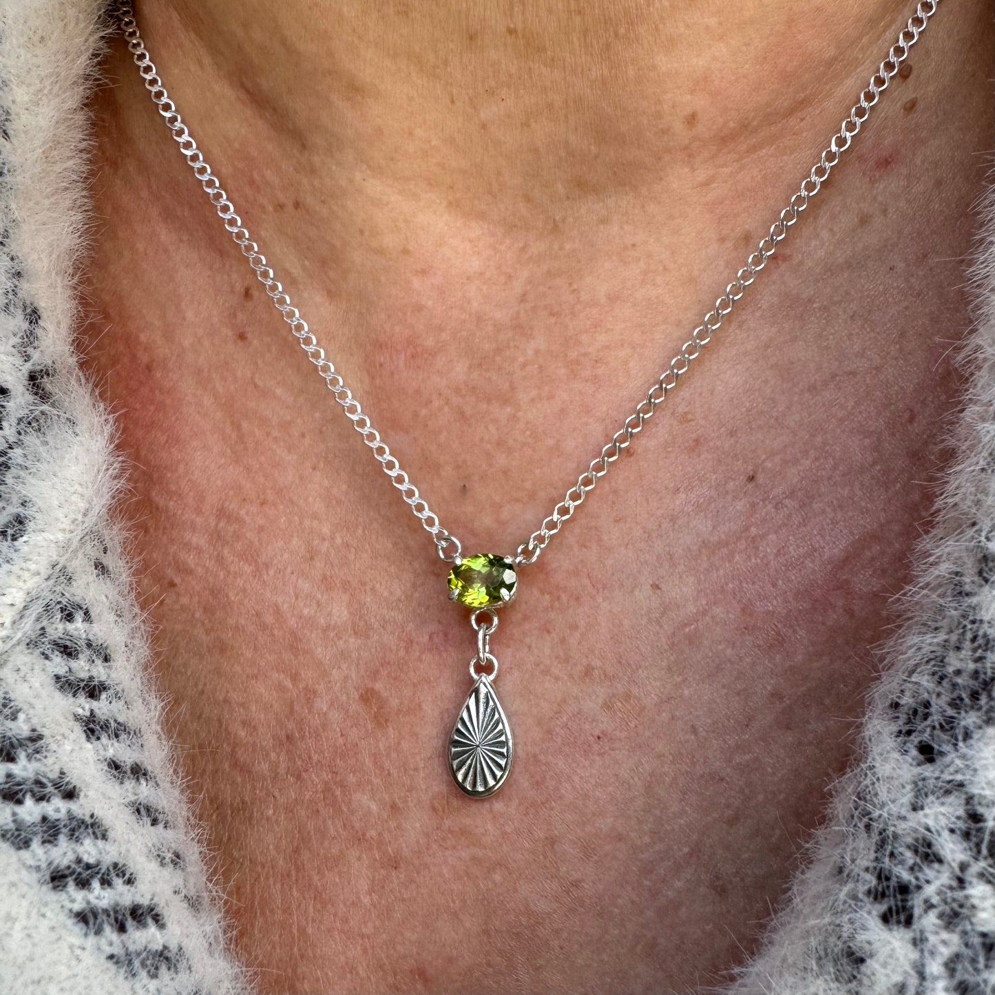 Art Deco 1ct green Peridot gemstone artisan necklace with radiant charm in Sterling Silver