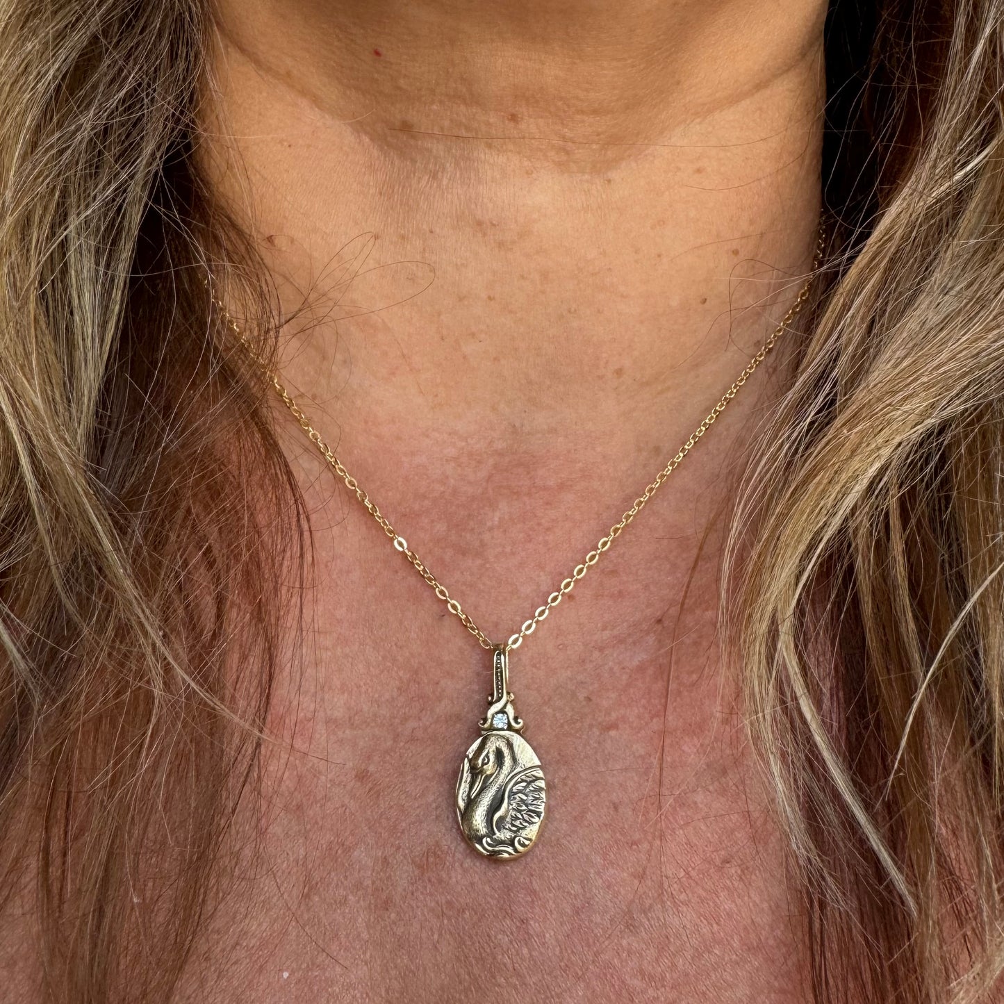Victorian Swan aquamarine in brass artisan necklace
