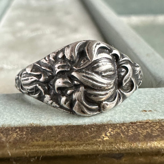 Vintage Chrysanthemum handmade heirloom flower ring in Sterling Silver