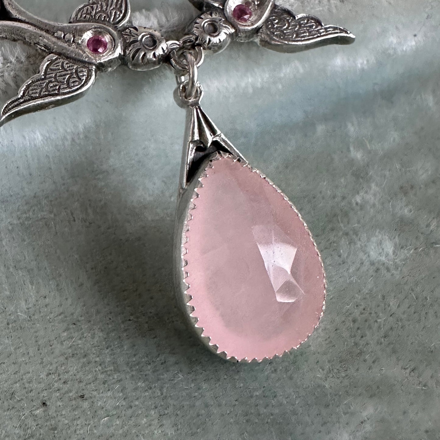 Vintage Sparrows Rose Quartz and pink Sapphire artisan drop necklace in Sterling Silver