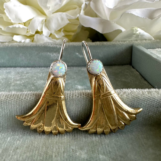 Art Deco Egyptian Revival Papyrus Lotus flower mixed metal statement earrings with Kyocera opals