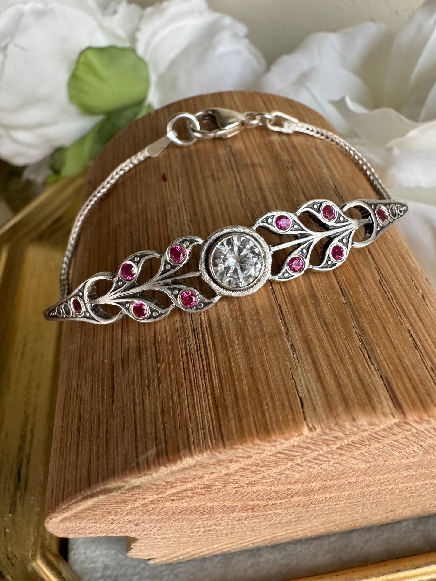 Art Deco Sapphire and Ruby artisan cuff tennis bracelet in Sterling Silver