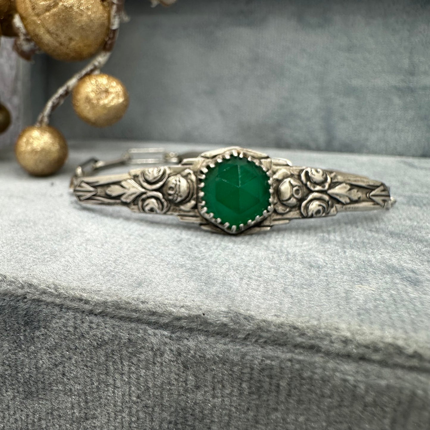 Art Deco botanical bracelet with 5 carat Emerald Green Onyx hexagon gemstone in Sterling Silver