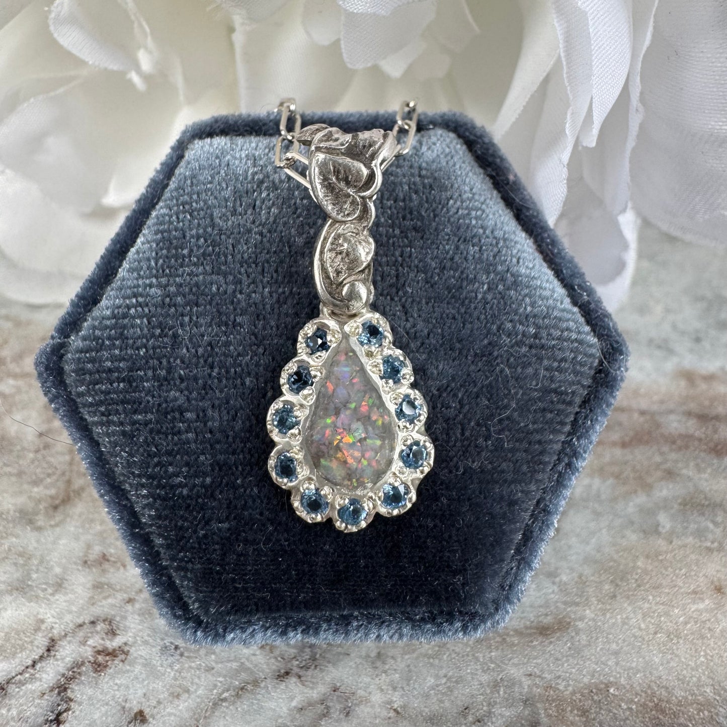 Botanical Art Nouveau artisan inlay Opal with blue Spinel necklace in Sterling Silver