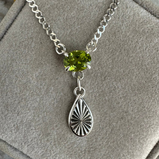 Art Deco 1ct green Peridot gemstone artisan necklace with radiant charm in Sterling Silver