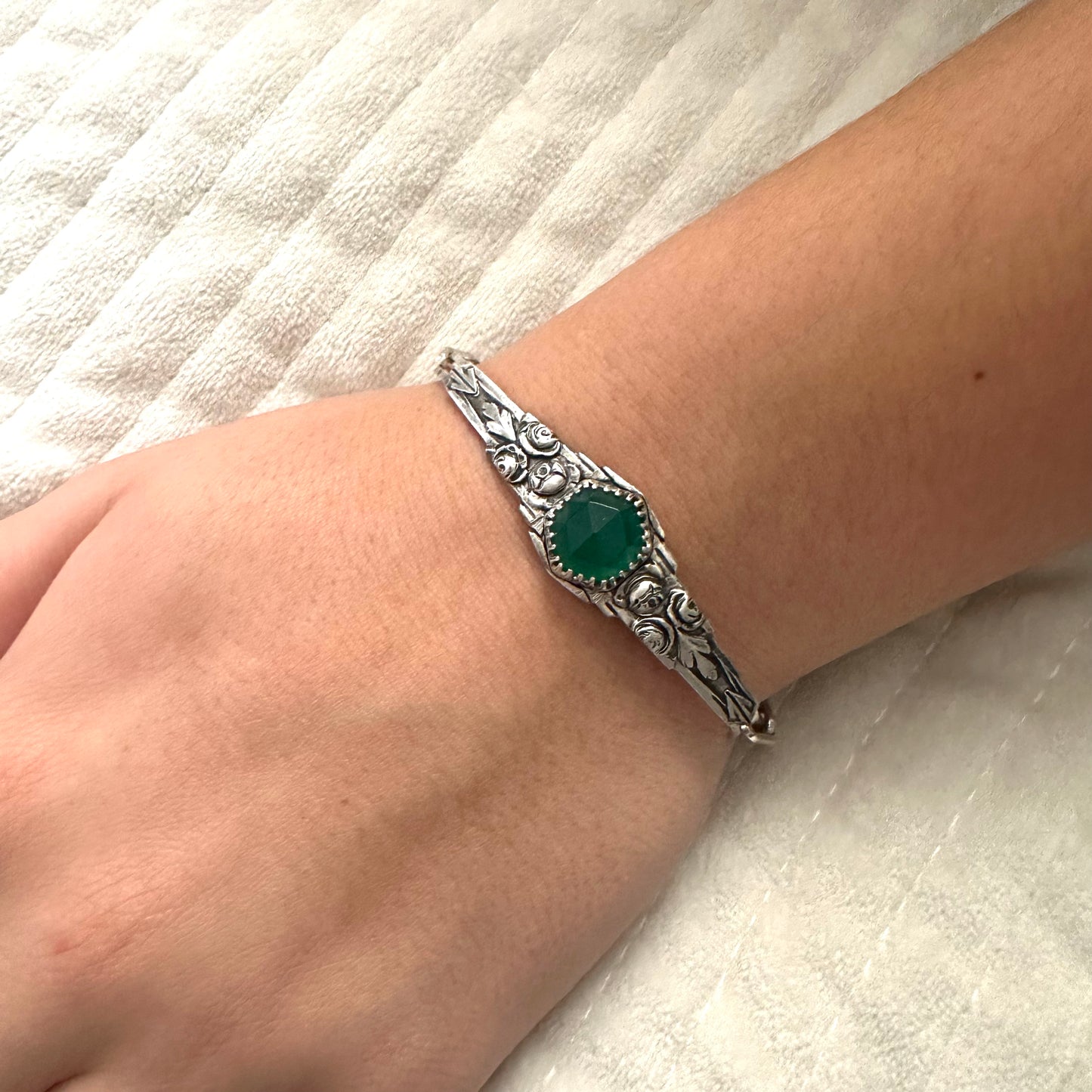 Art Deco botanical bracelet with 5 carat Emerald Green Onyx hexagon gemstone in Sterling Silver