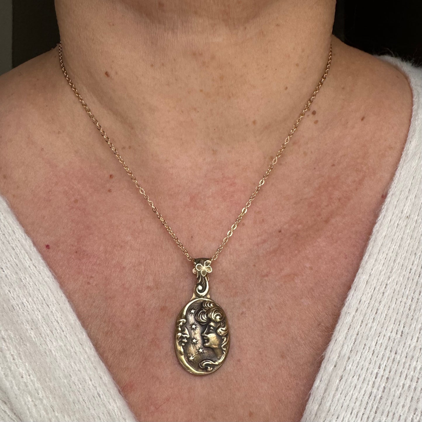 Art Nouveau Moon and Maiden artisan brass necklace