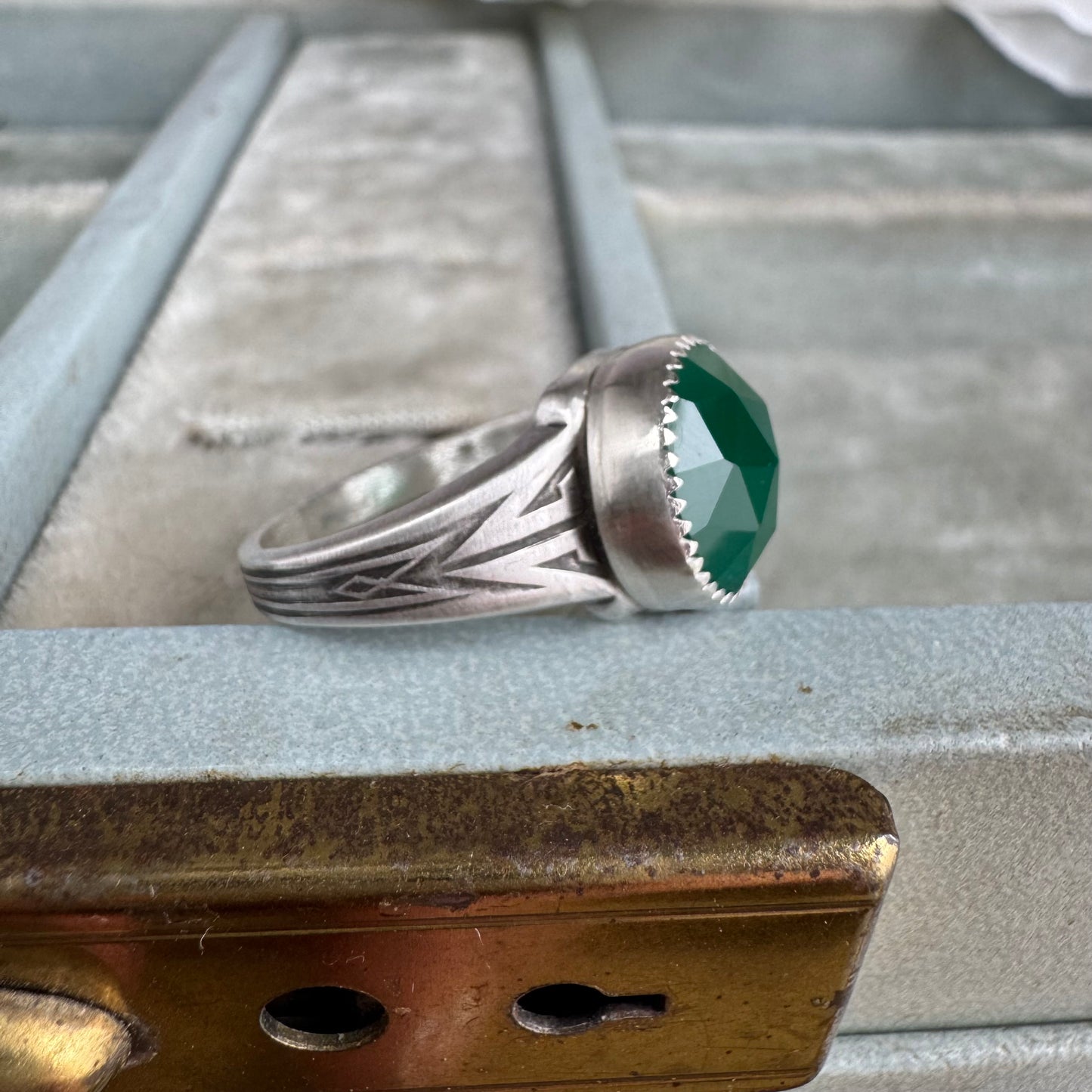 Art Deco Emerald Green Onyx artisan cocktail ring in Sterling Silver SIZE 8