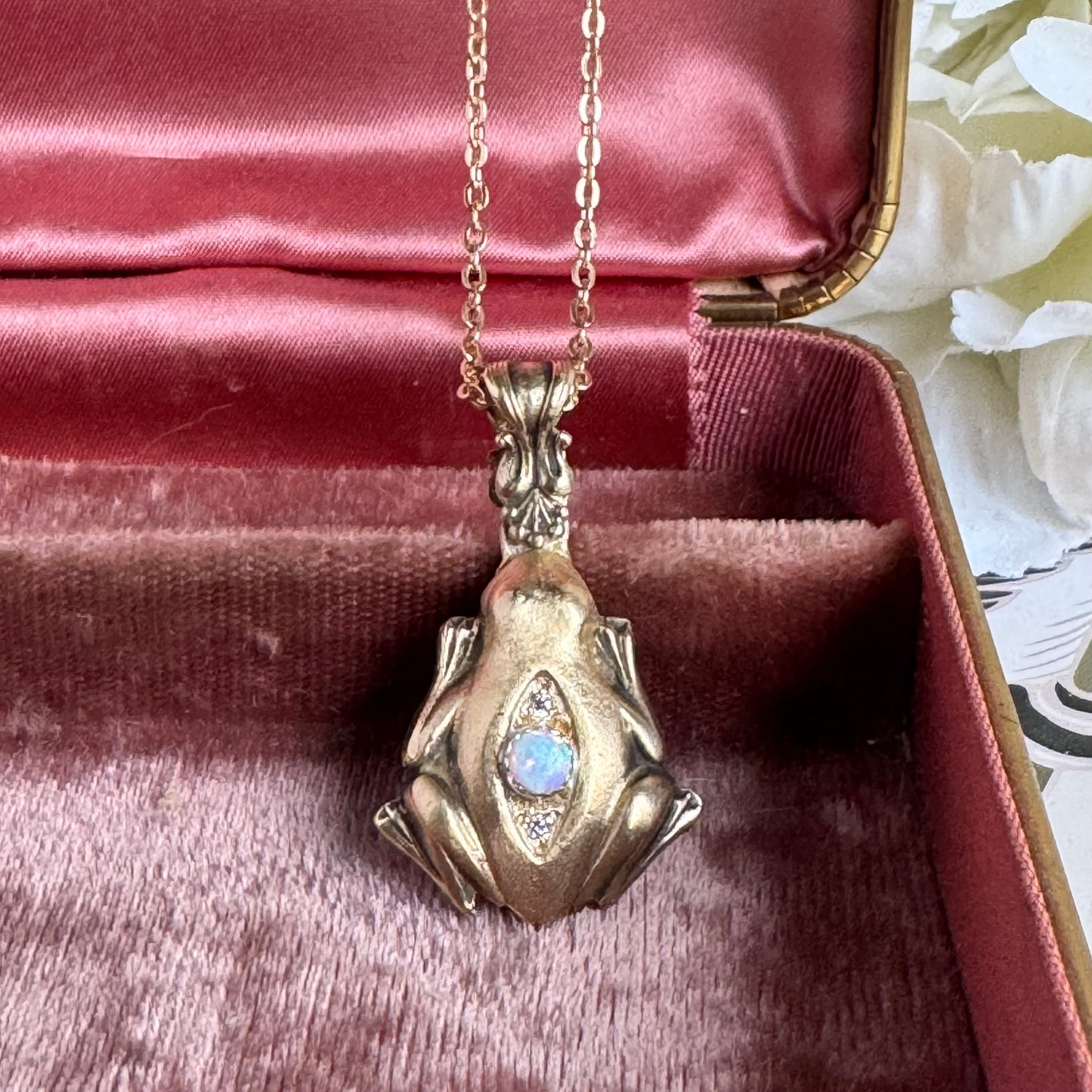 Victorian Frog artisan Opal and Brass necklace