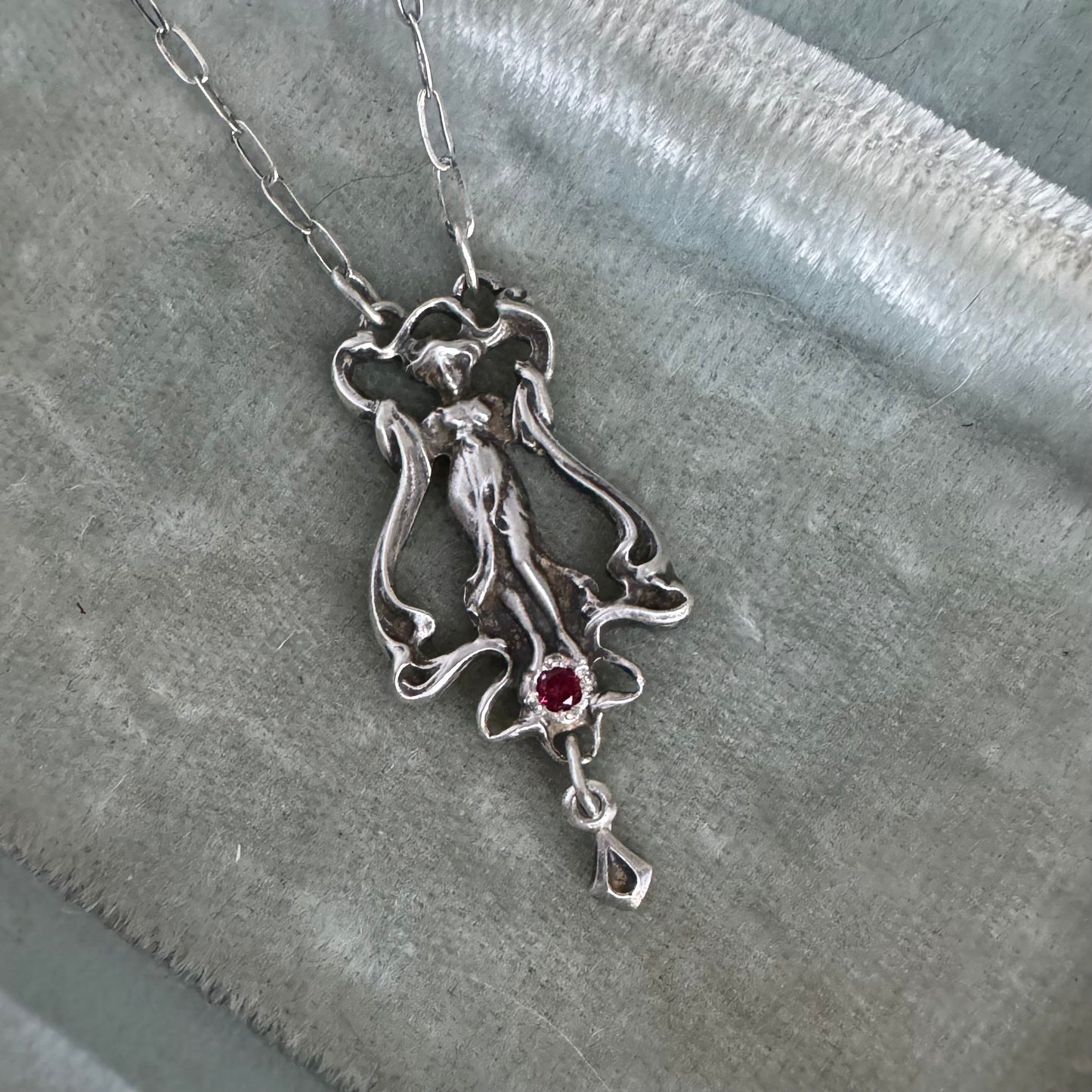 Art Nouveau Aphrodite artisan ruby lariat necklace in Sterling Silver