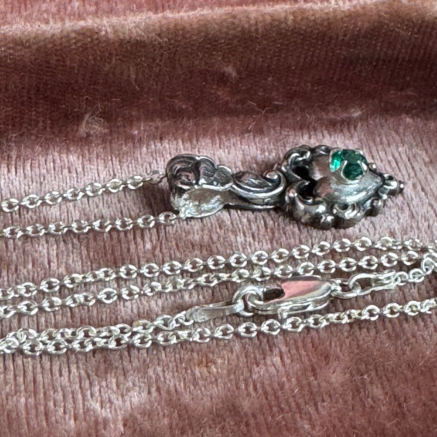 Victorian Gothic artisan heart emerald necklace in Sterling Silver