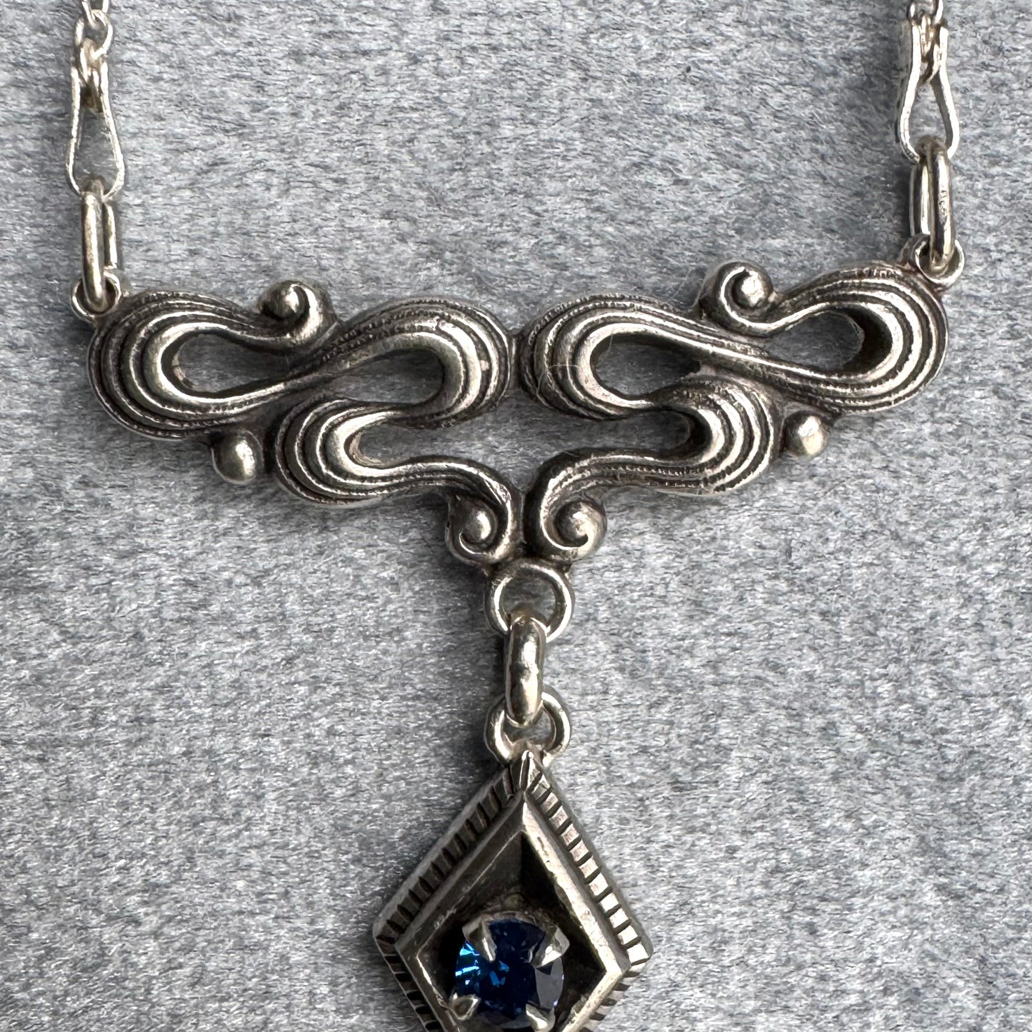 Art Nouveau Sapphire blue Spinel artisan waves necklace in Sterling Silver