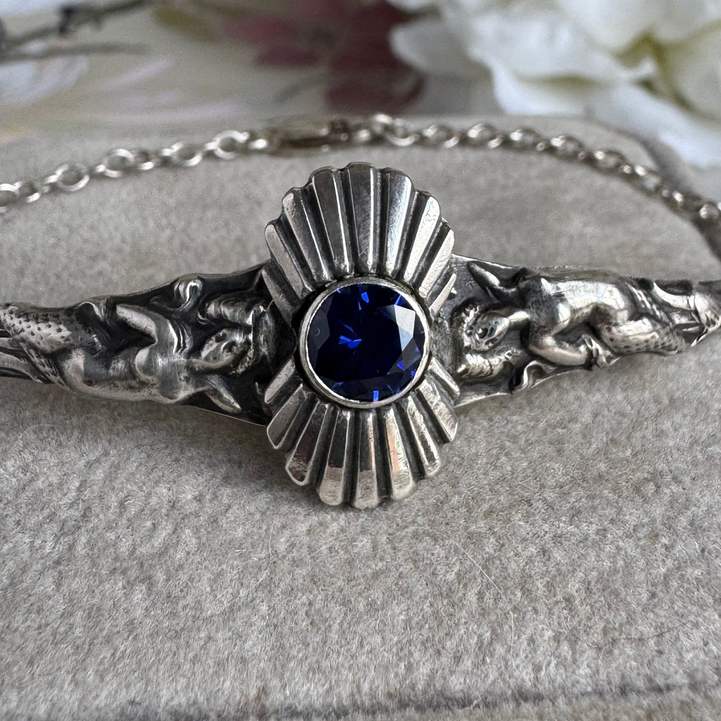 Art Nouveau Mermaids and Sapphire cuff and chain bracelet in Sterling Silver