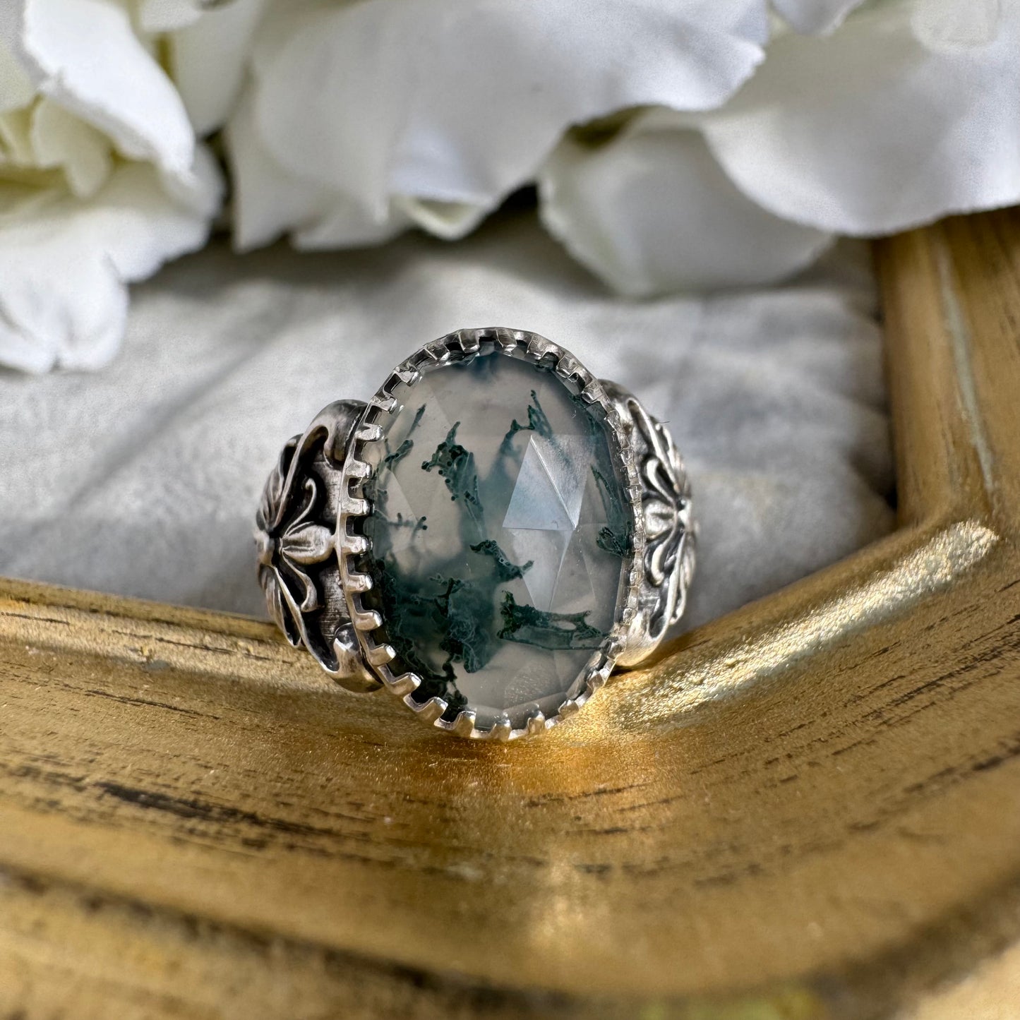 Artisan vintage flower Moss Agate cocktail ring SIZE 6 3/4