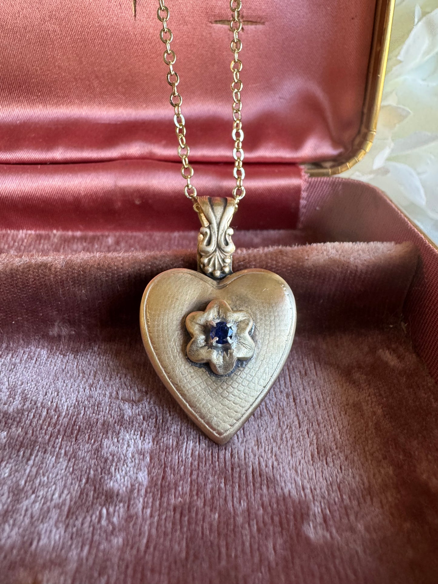 Victorian Heart with Blue Sapphire artisan Brass necklace