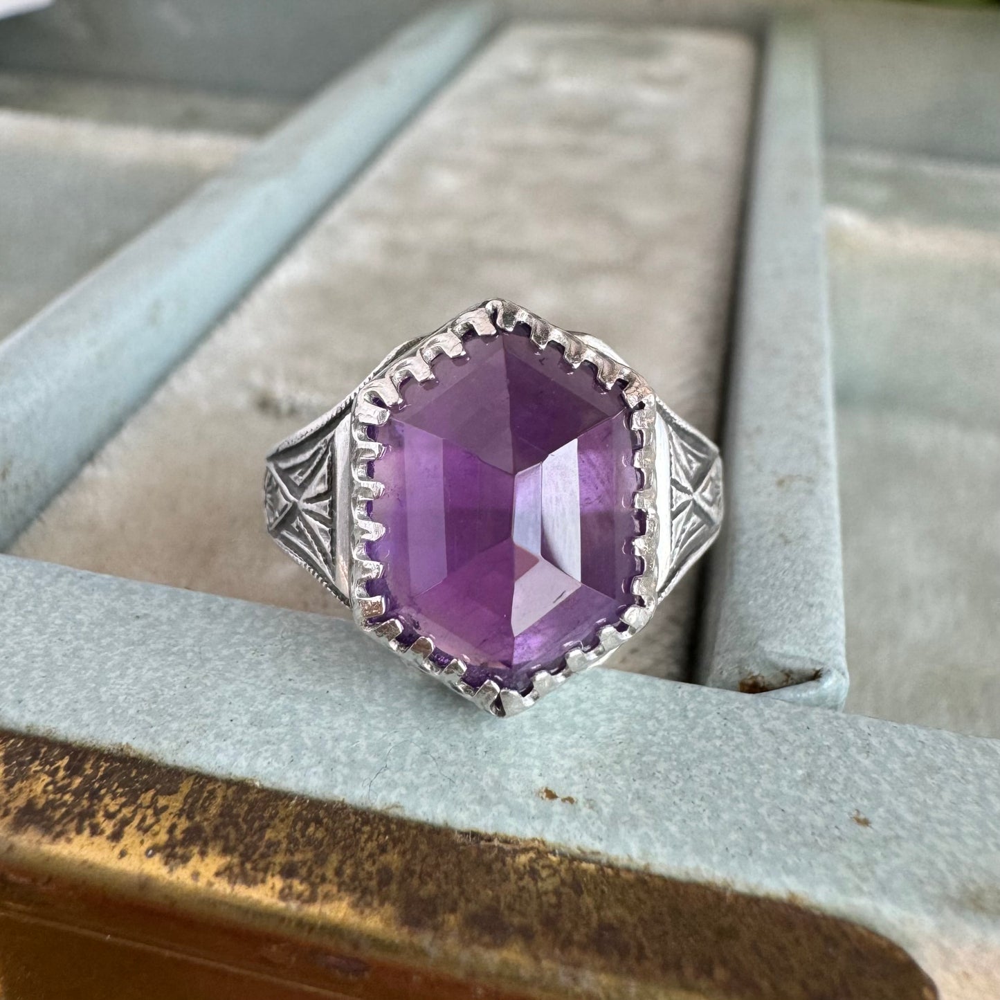 Art Deco antique inspired hexagon Amethyst artisan ring in Sterling Silver