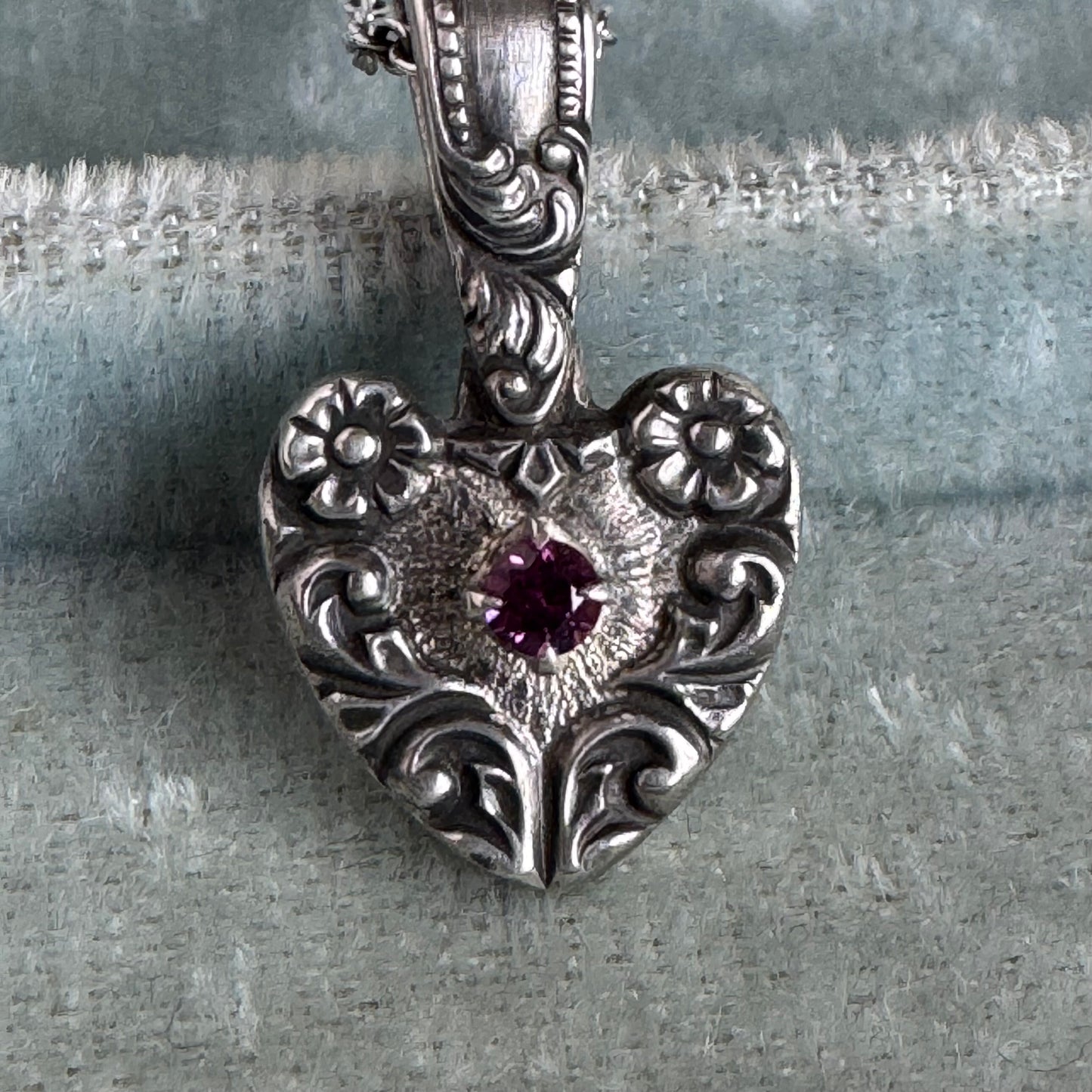 Victorian Gothic artisan Garnet heart necklace in Sterling Silver