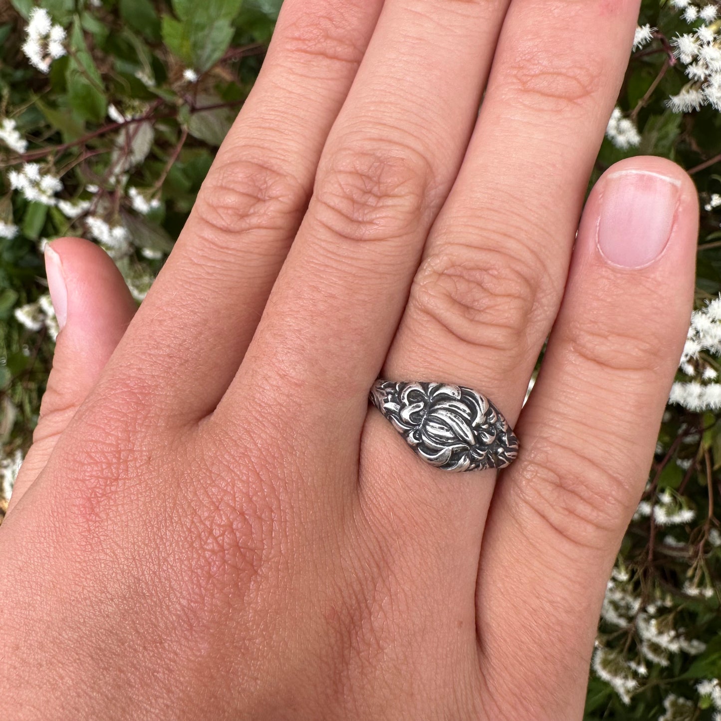 Vintage Chrysanthemum handmade heirloom flower ring in Sterling Silver