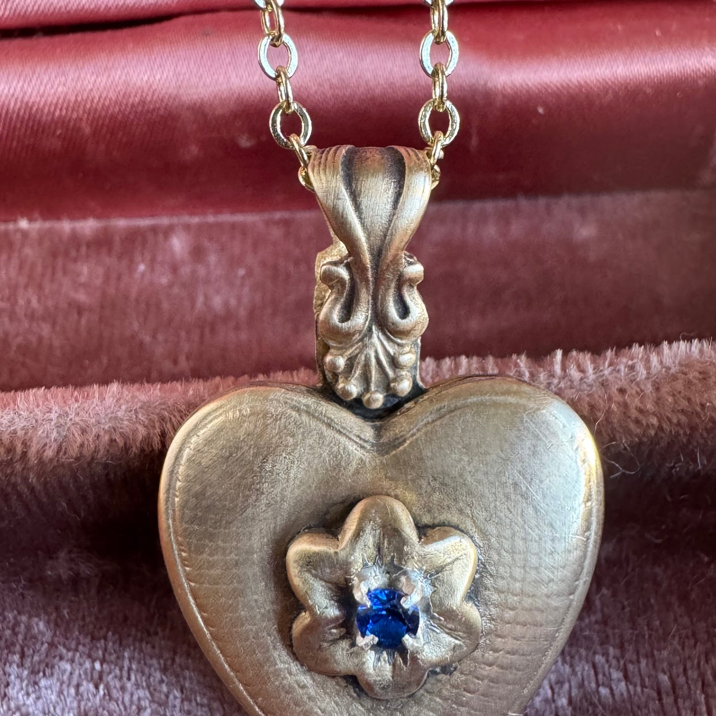Victorian Heart with Blue Sapphire artisan Brass necklace