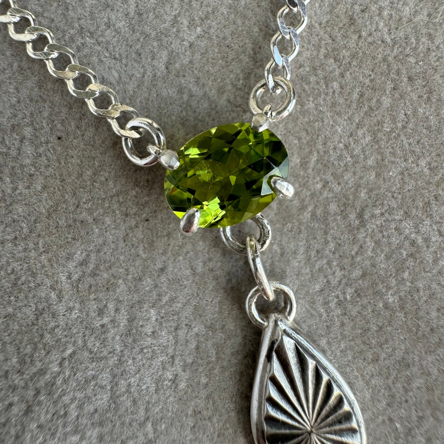 Art Deco 1ct green Peridot gemstone artisan necklace with radiant charm in Sterling Silver