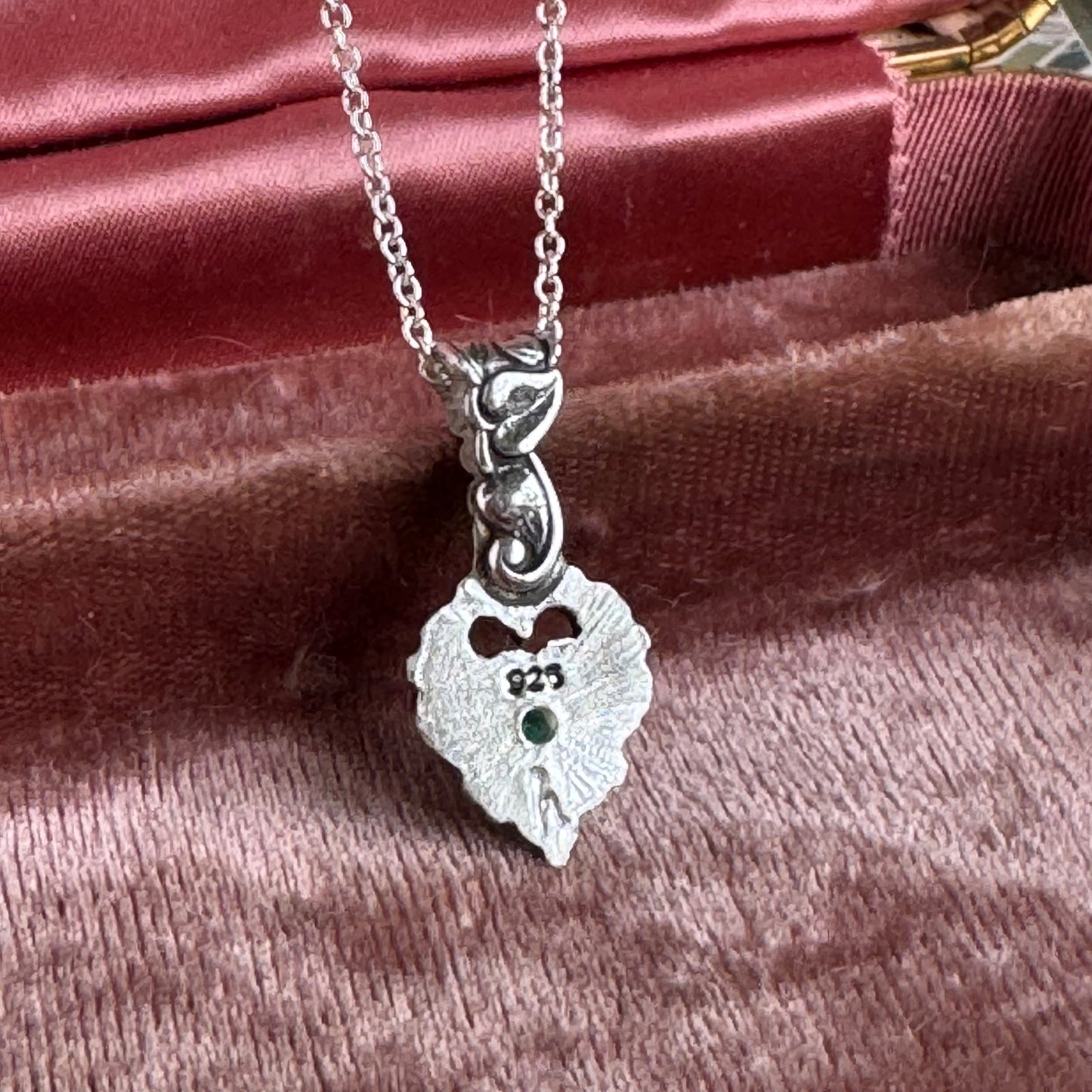 Victorian Gothic artisan heart emerald necklace in Sterling Silver