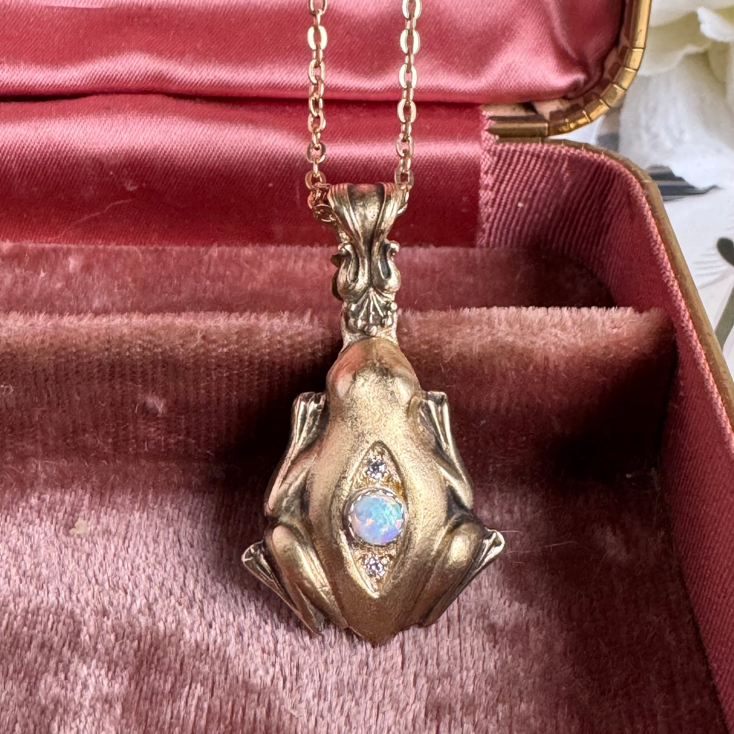 Victorian Frog artisan Opal and Brass necklace