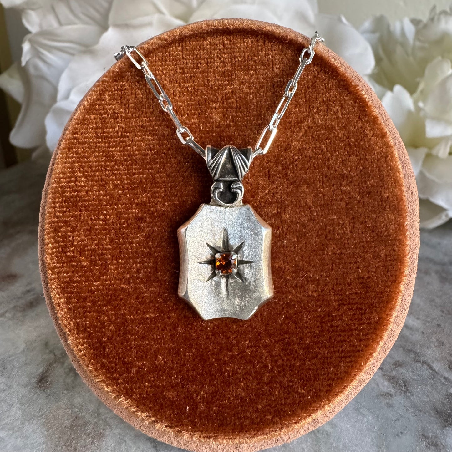 Citrine Art Deco starburst artisan necklace in Sterling Silver