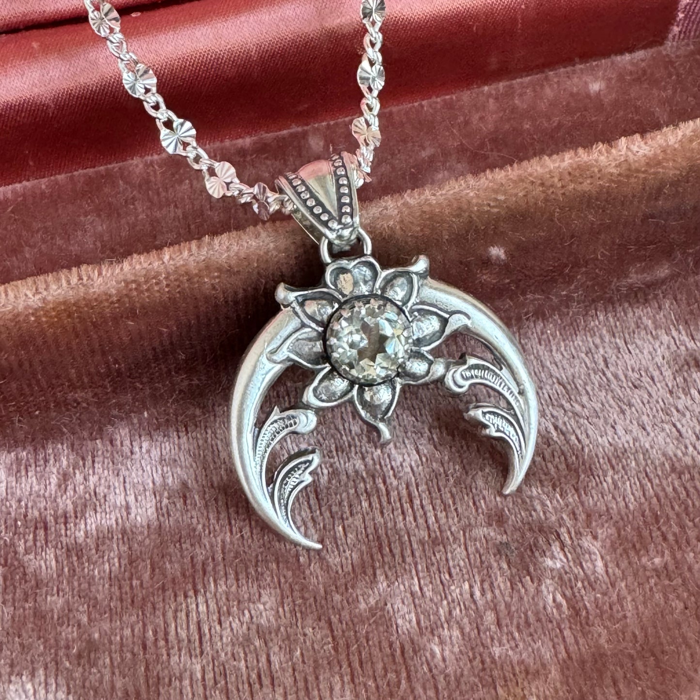 Art Nouveau Green Amethyst Naja squash blossom crescent moon artisan necklace in Sterling Silver