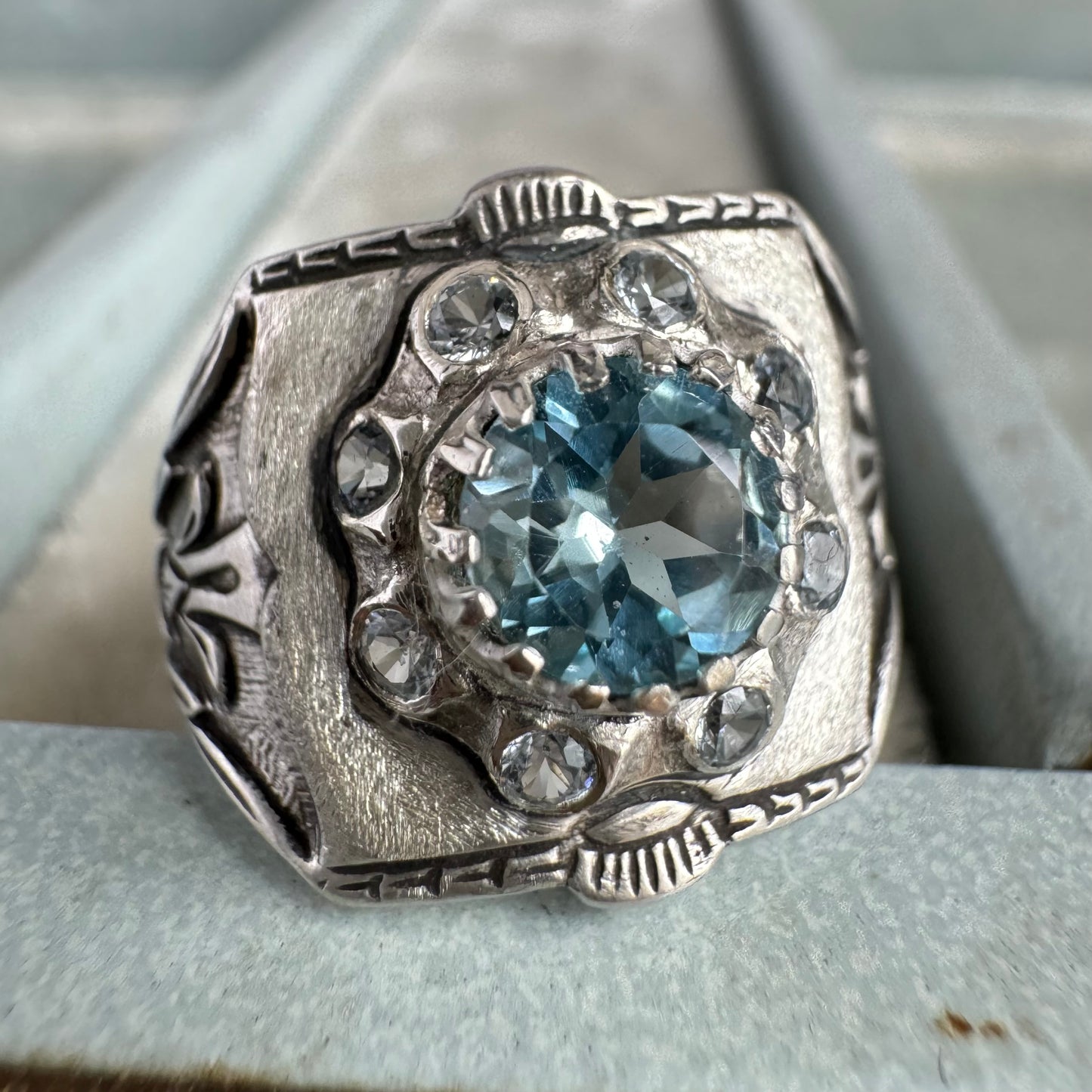 Artisan Sky Blue Topaz and Aquamarine spinel antique inspired cigar band cocktail ring SIZE 7