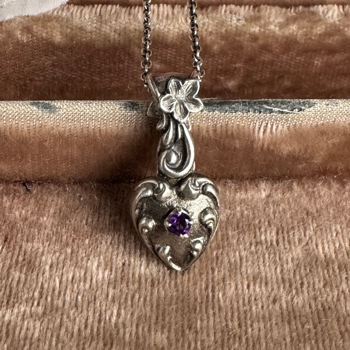 Amethyst Victorian Gothic artisan heart necklace in Sterling Silver