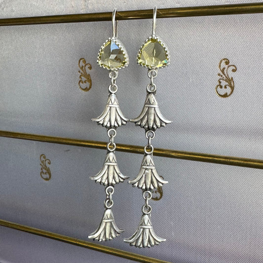 Egyptian revival Papyrus flower and 6cttw yellow Lemon Quartz Art Deco long dangle earrings in Sterling Silver