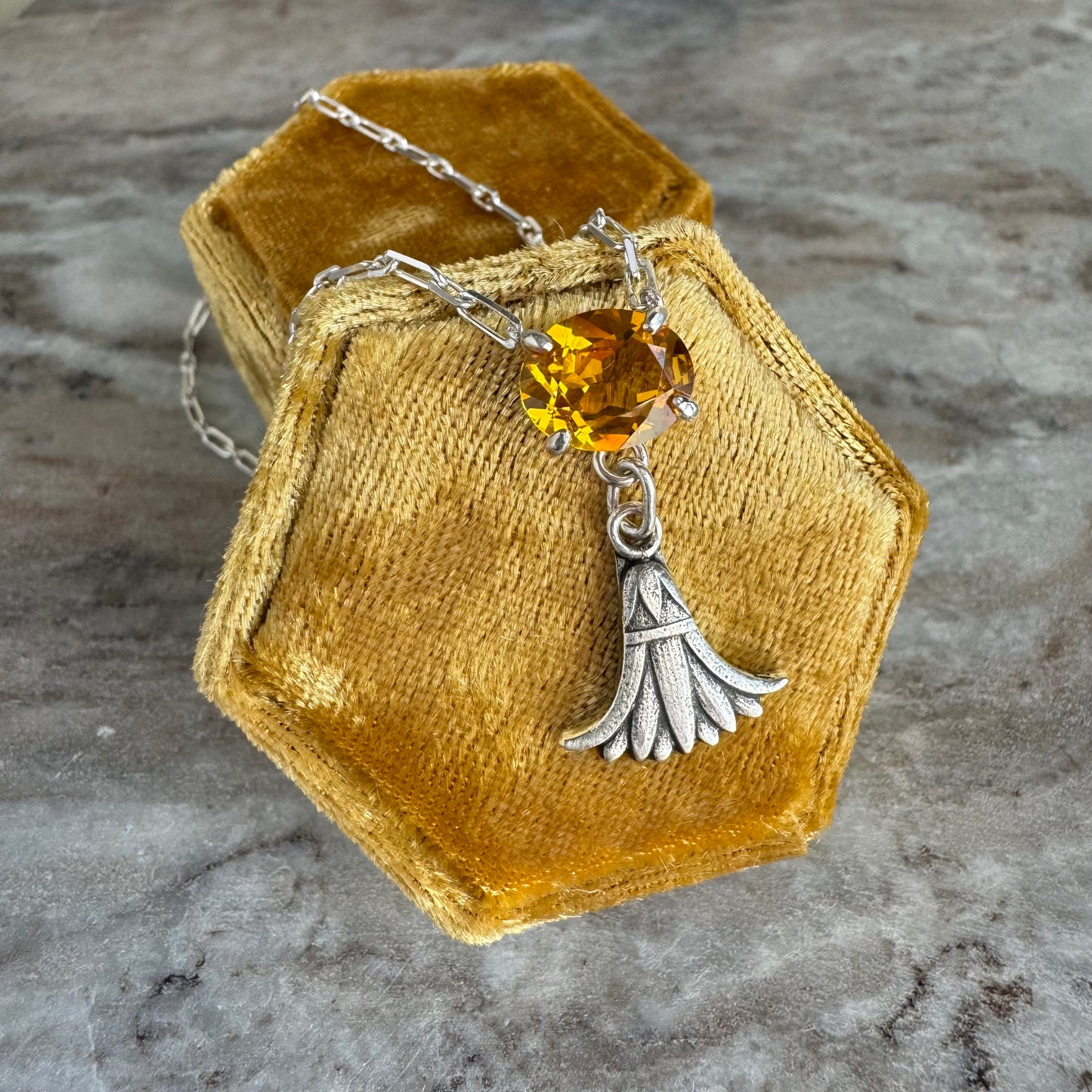 Art Deco Egyptian revival artisan 2.5ct Citrine Papyrus flower necklace in Sterling Silver