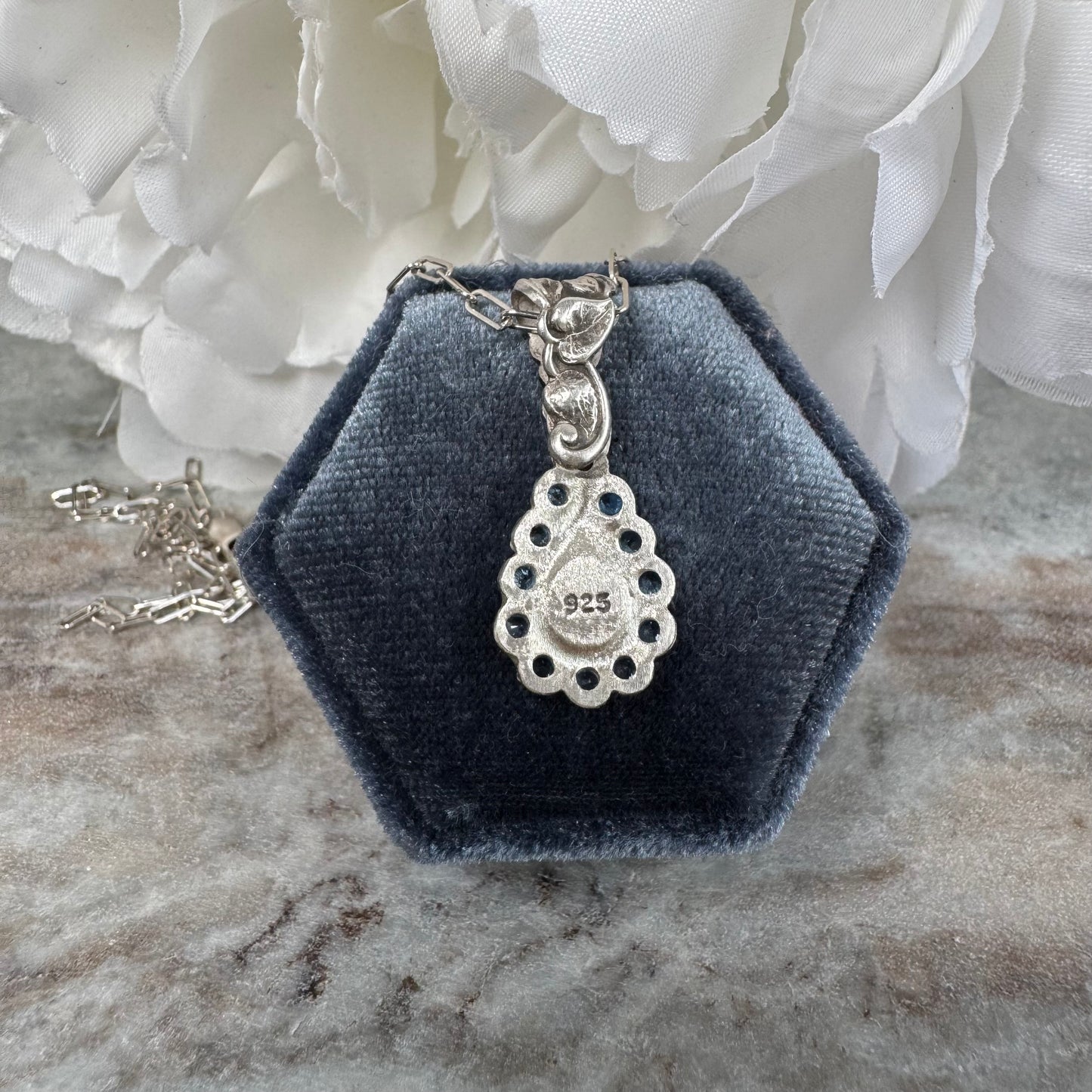 Botanical Art Nouveau artisan inlay Opal with blue Spinel necklace in Sterling Silver