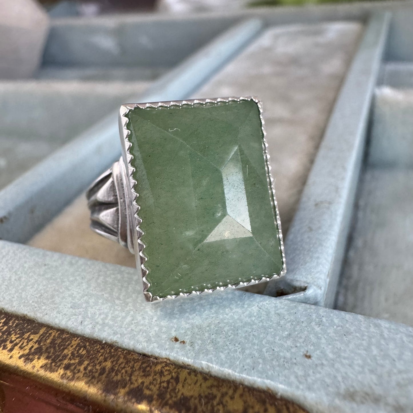 Art Deco Aventurine handmade cocktail ring in Sterling Silver