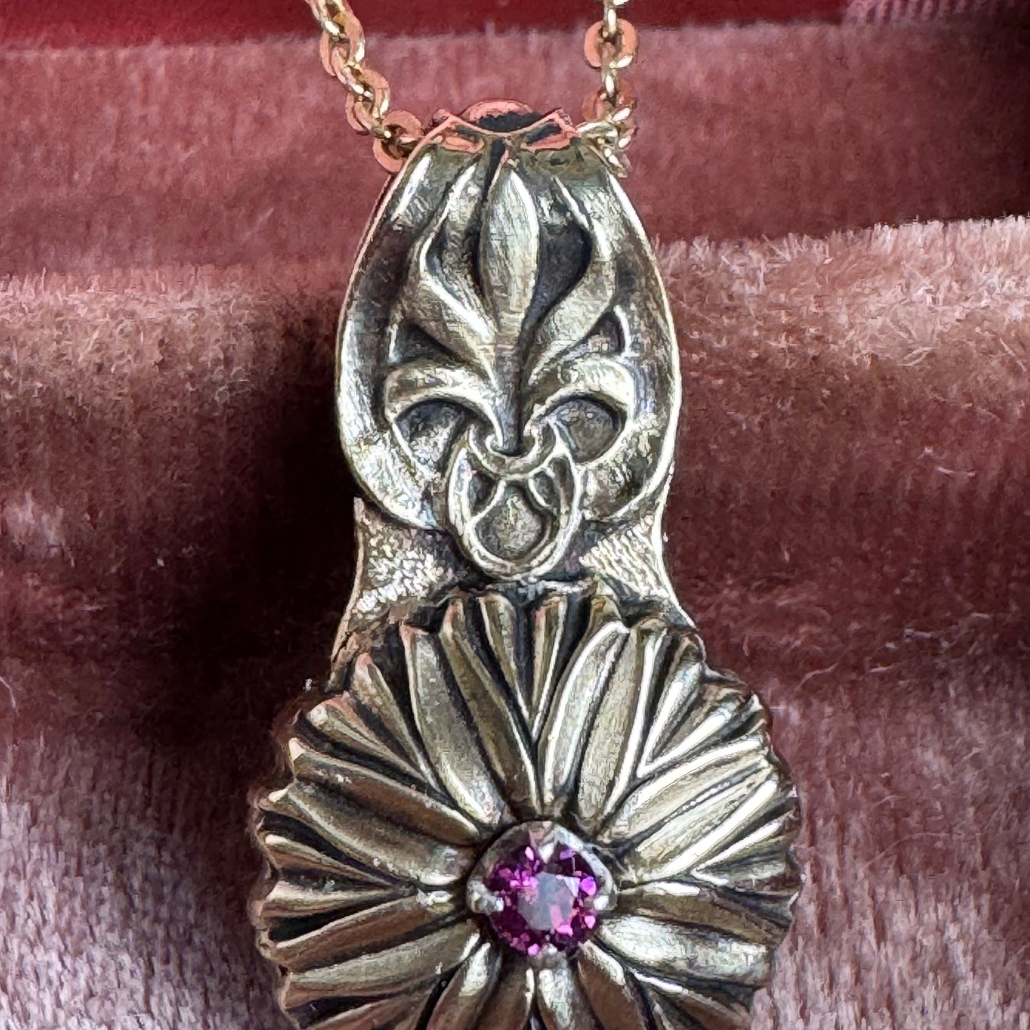 Heirloom Dahlia and Garnet artisan brass necklace
