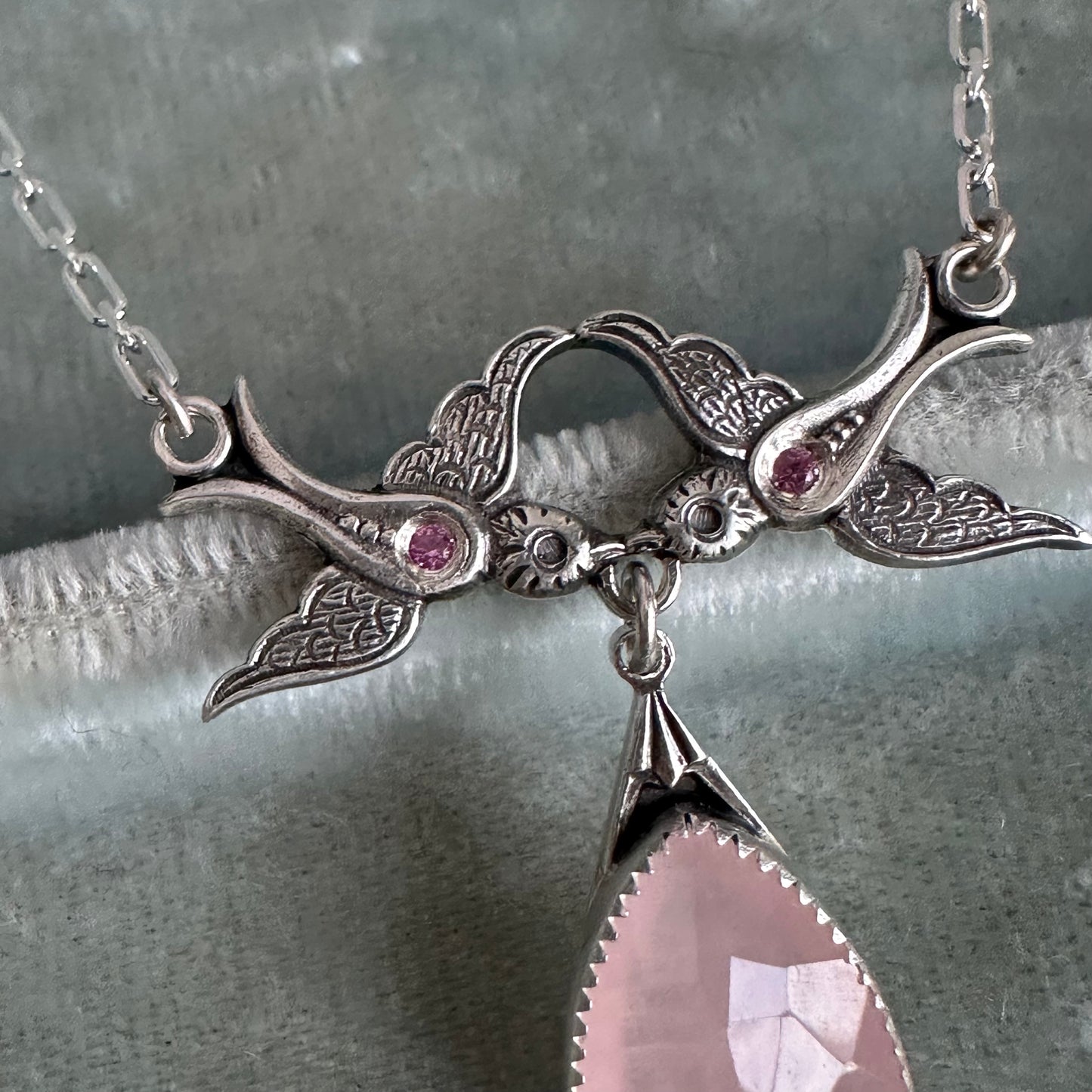 Vintage Sparrows Rose Quartz and pink Sapphire artisan drop necklace in Sterling Silver