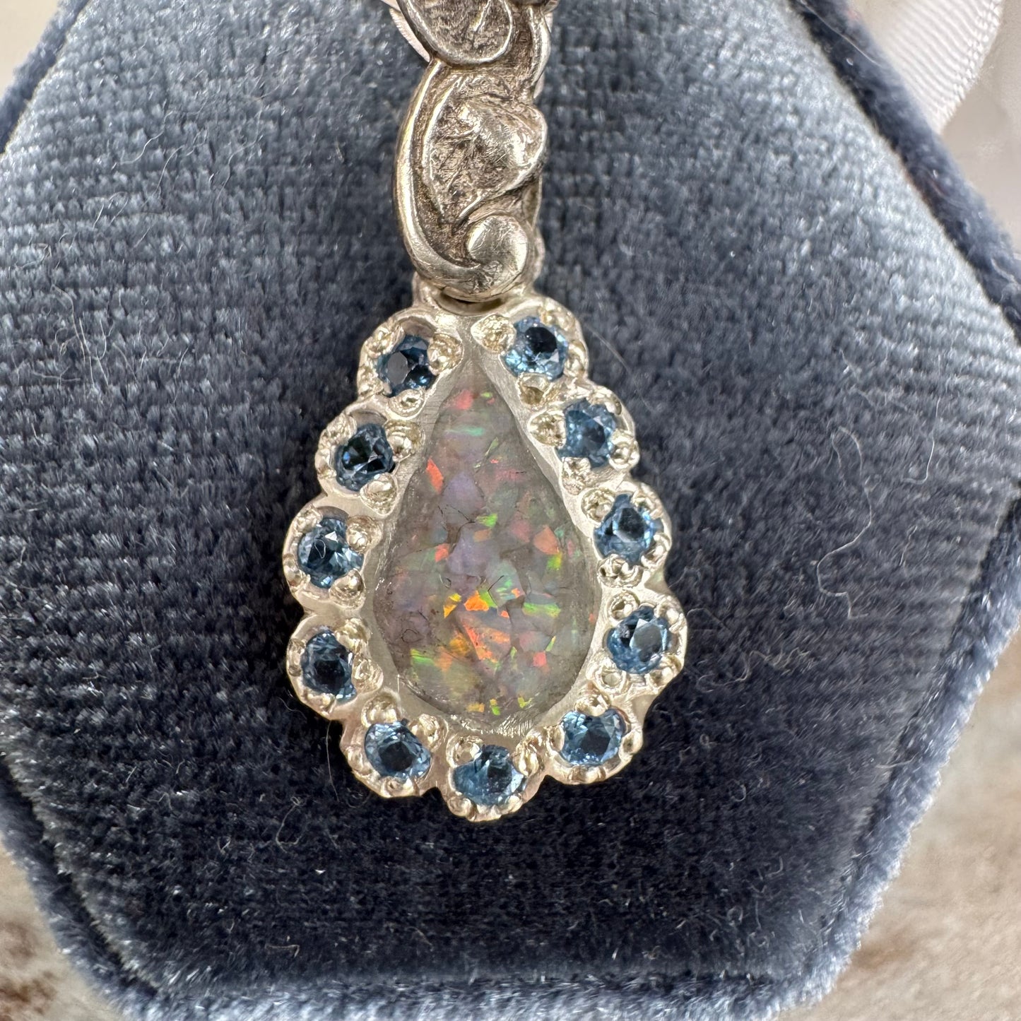 Botanical Art Nouveau artisan inlay Opal with blue Spinel necklace in Sterling Silver