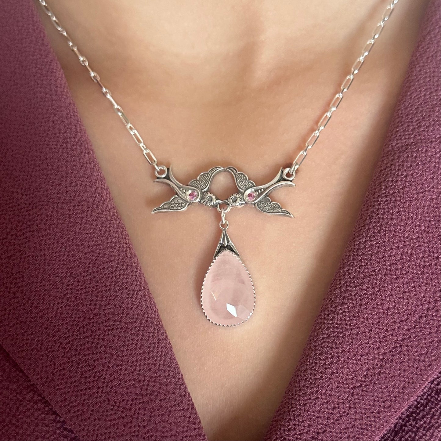 Vintage Sparrows Rose Quartz and pink Sapphire artisan drop necklace in Sterling Silver