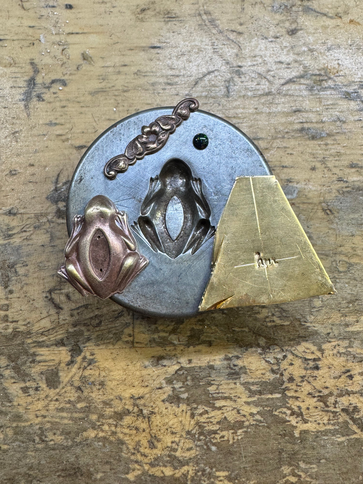 Artisan Frog Black Kyocera Opal and Moissanite necklace in Brass