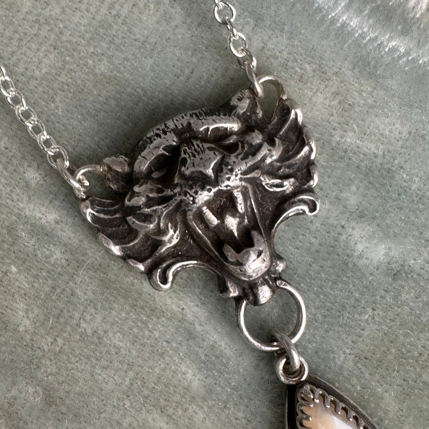 Victorian Gothic Tiger and Moonstone handmade talisman necklace in Sterling Silver