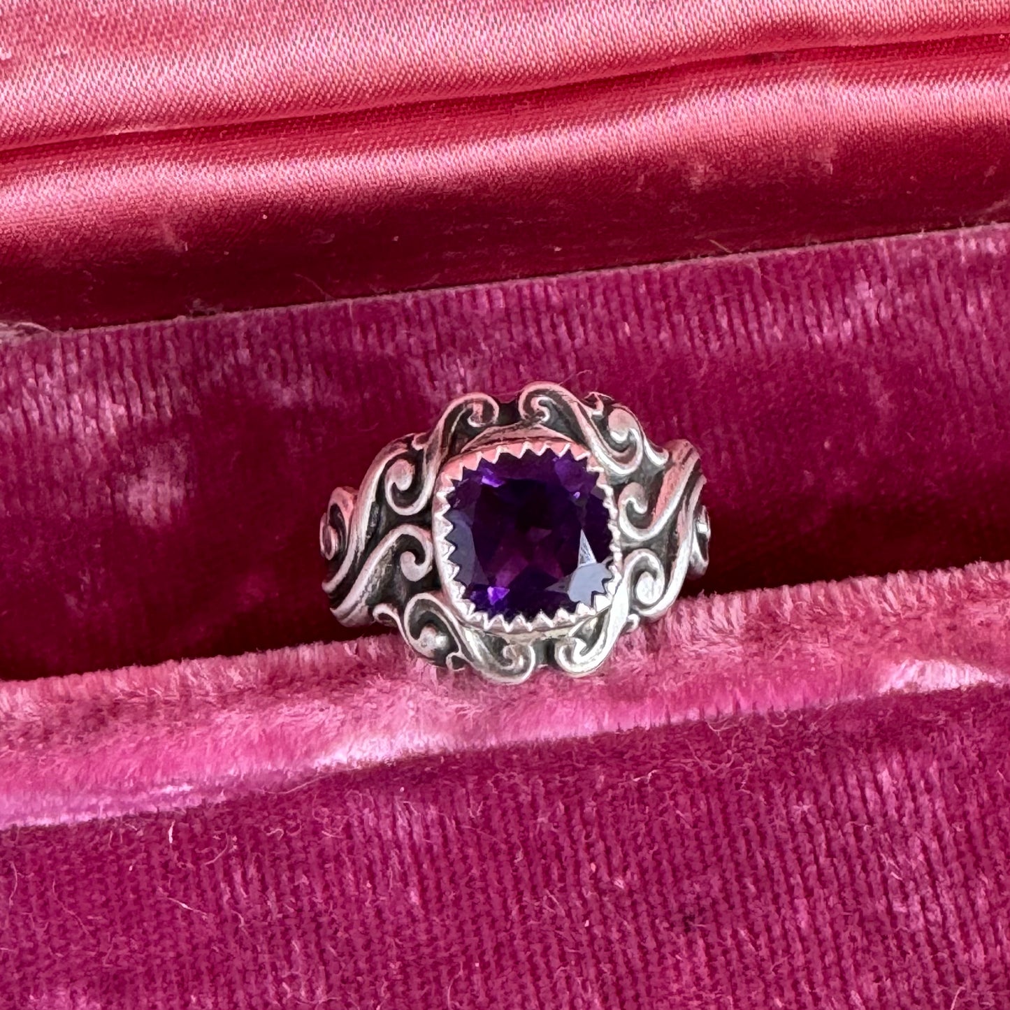 Victorian Gothic 3 carat cushion cut Amethyst artisan ring SIZE 7