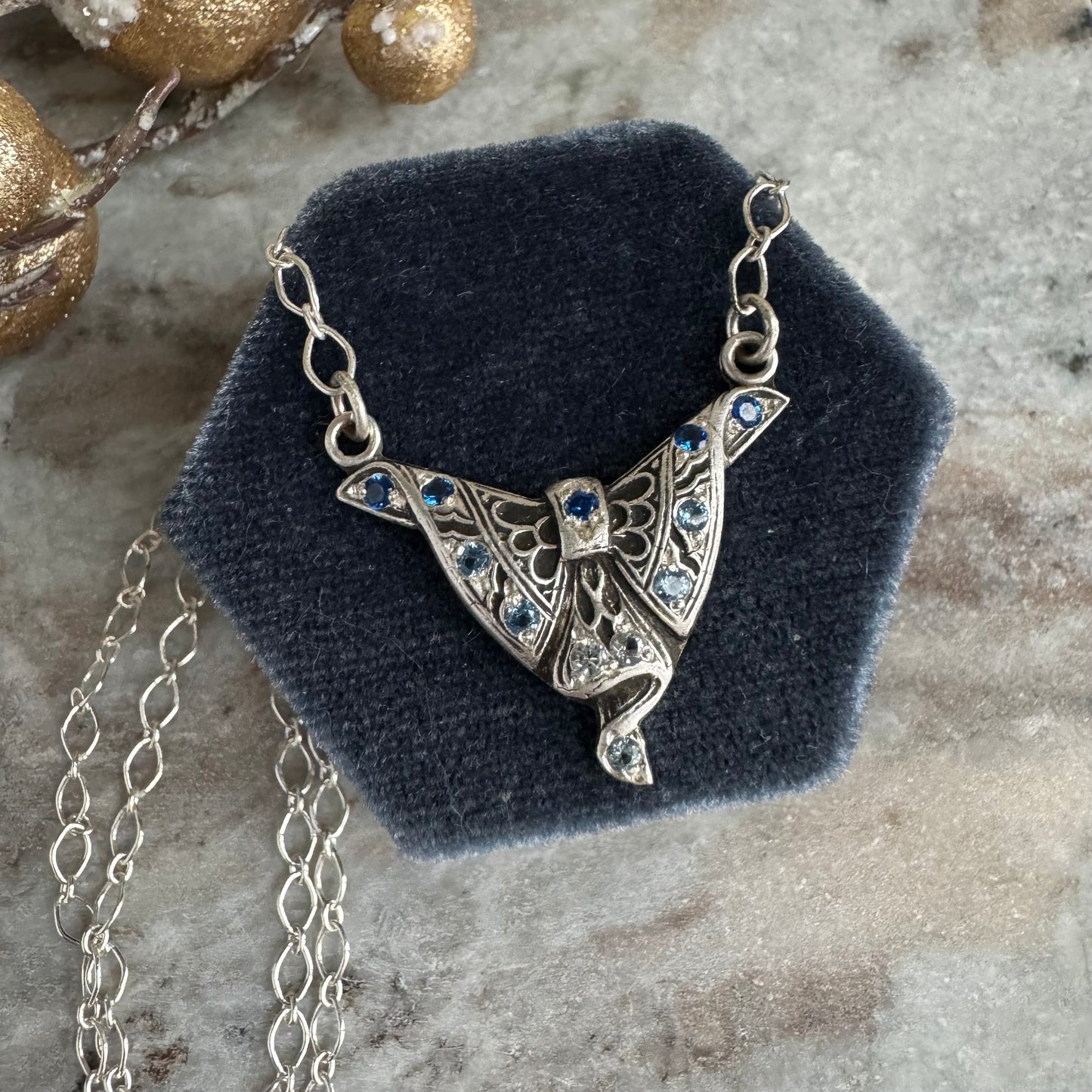 Victorian Suffragette Blue Bow ombre spinel necklace handmade in Sterling Silver