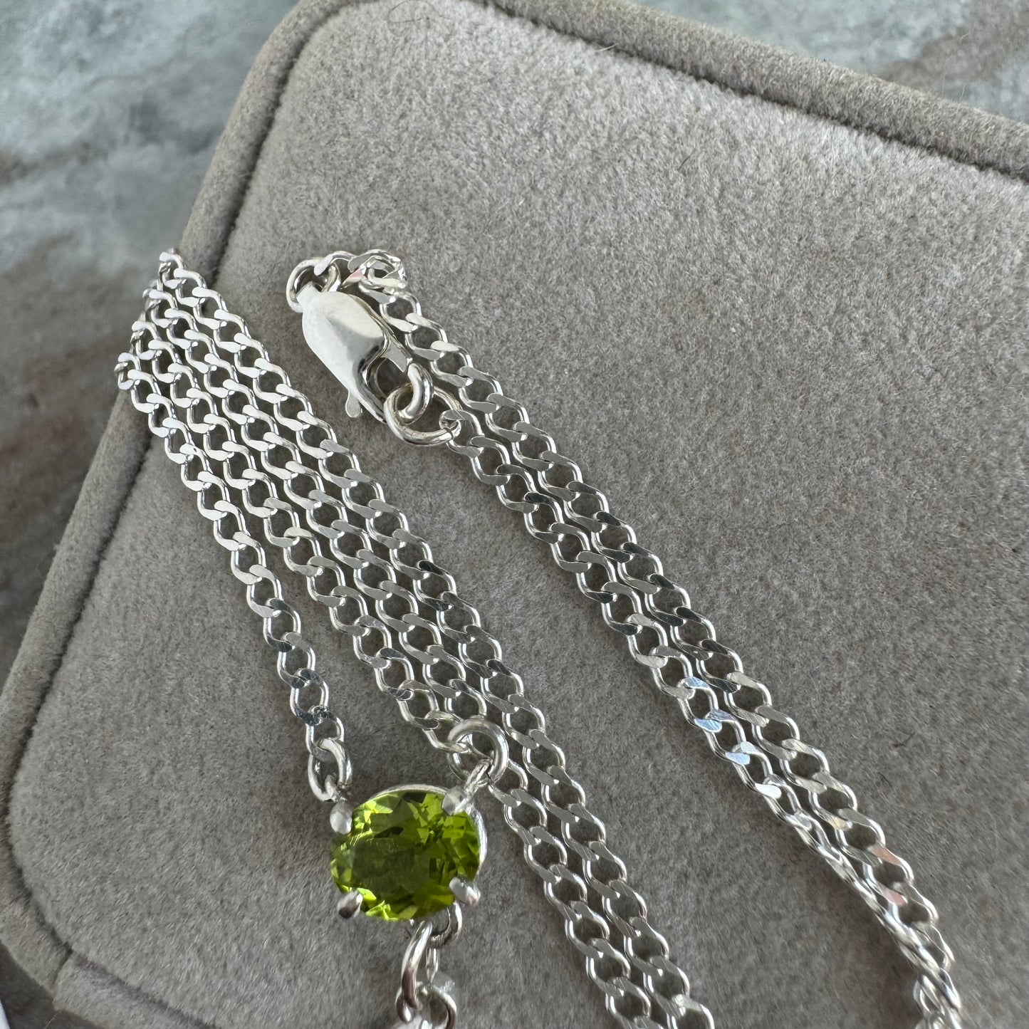 Art Deco 1ct green Peridot gemstone artisan necklace with radiant charm in Sterling Silver