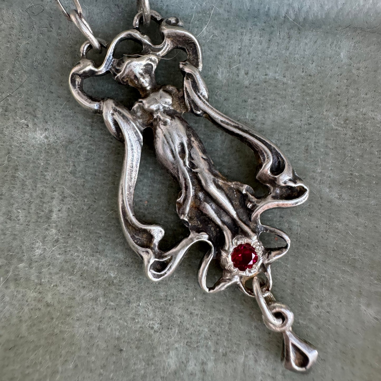 Art Nouveau Aphrodite artisan ruby lariat necklace in Sterling Silver