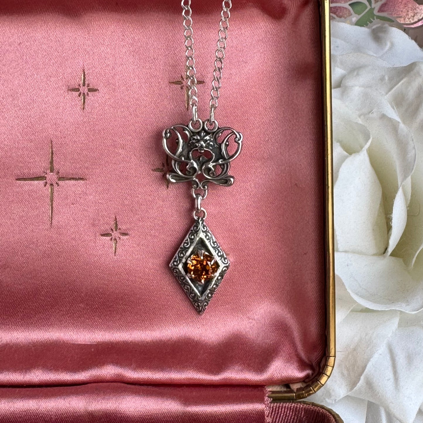 Gothic Lion and Citrine artisan necklace in Sterling Silver