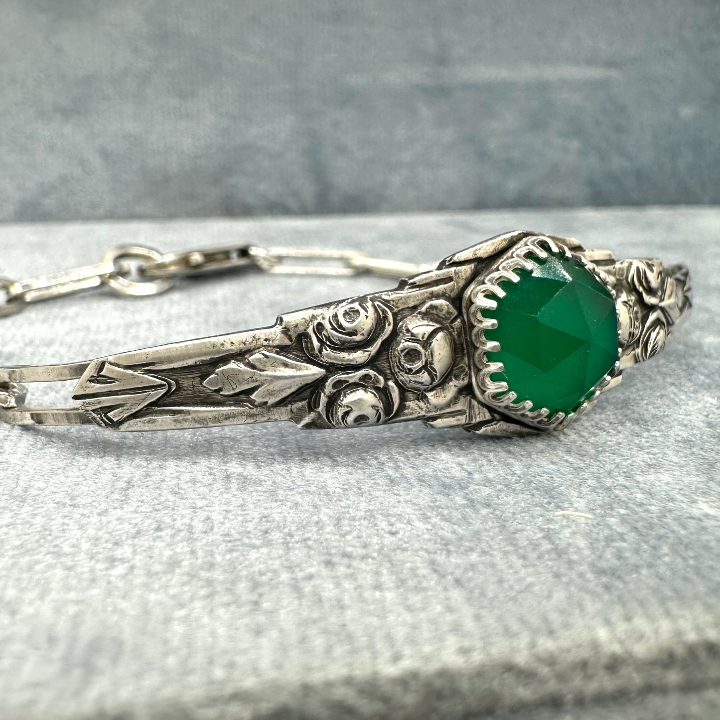 Art Deco botanical bracelet with 5 carat Emerald Green Onyx hexagon gemstone in Sterling Silver