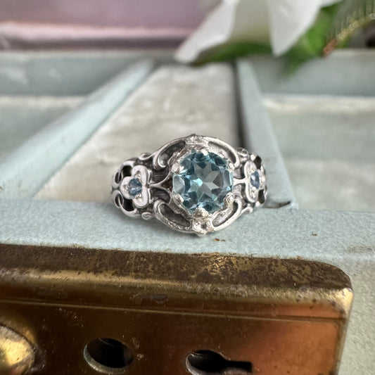 Victorian Sky Blue Topaz 3 stone artisan band ring in Sterling Silver