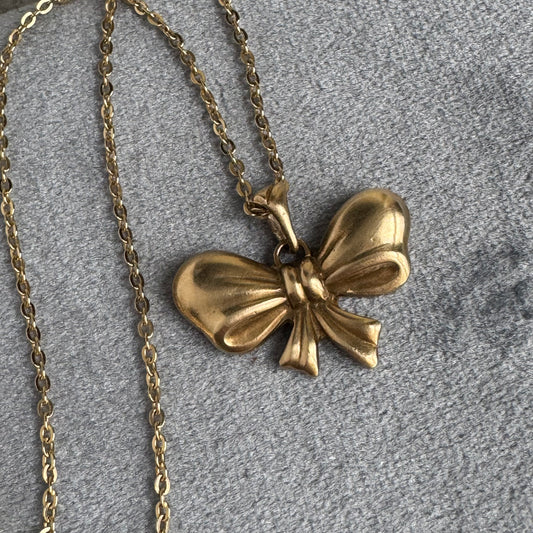 Vintage bow tie artisan gold brass necklace