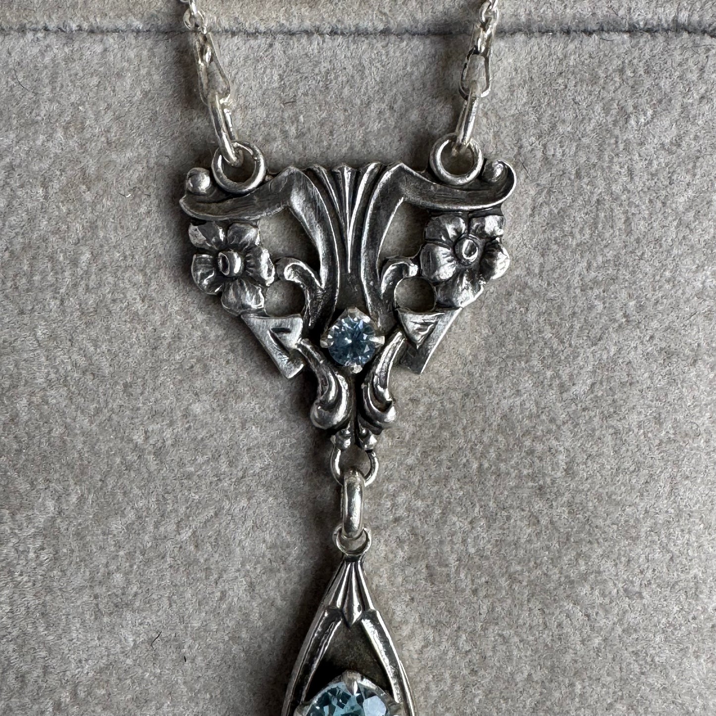 Artisan Art Deco Blue Topaz and Aquamarine Spinel Sterling Silver necklace