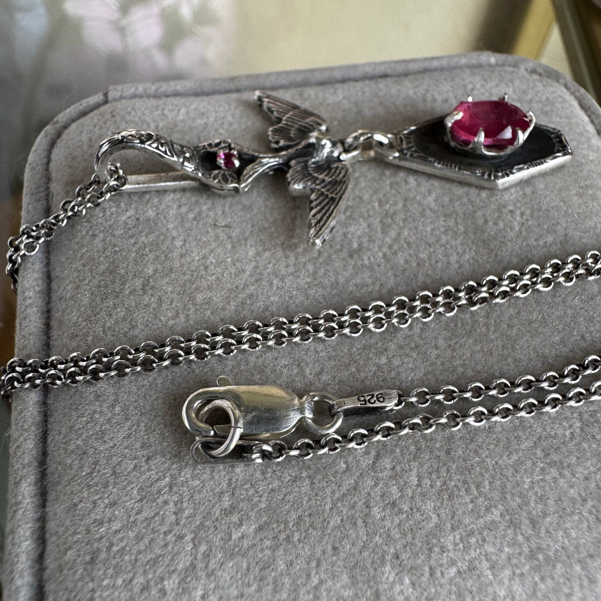Victorian Gothic Pink Sapphire and Ruby artisan bird necklace in Sterling Silver